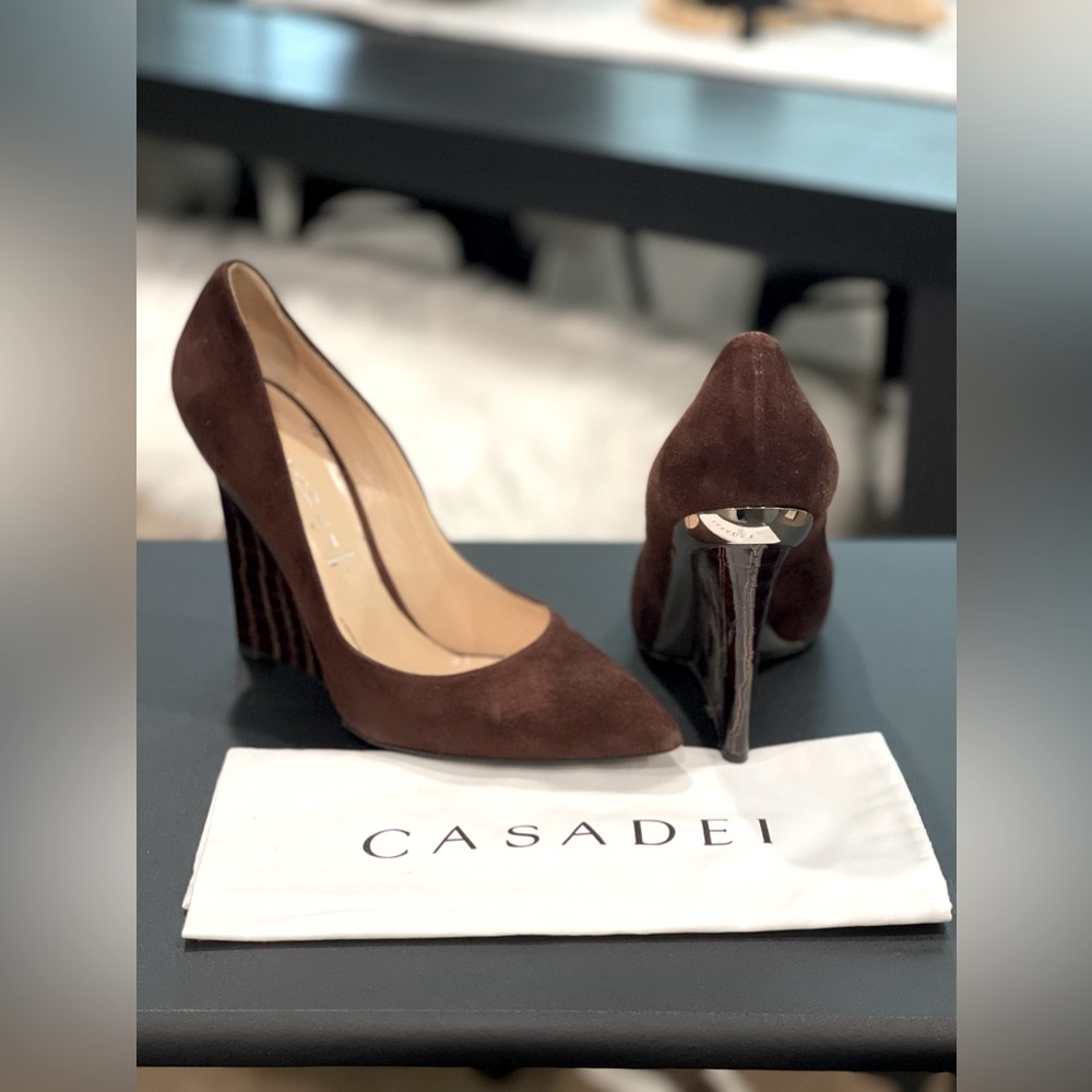 CASADEI Suede and Reptile Print Wedges